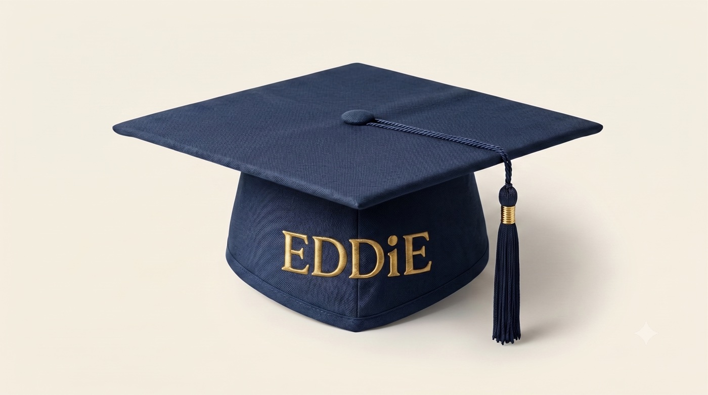 A navy mortar board embroidered EDDiE in gold