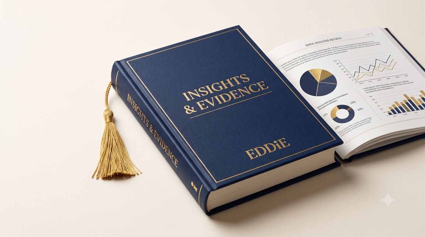 A navy and gold book titled Insights & Evidence by EDDiE
